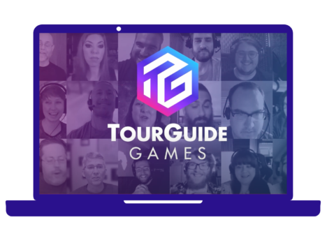 TourGuide Games Logo on Laptop background of Zoom meeting